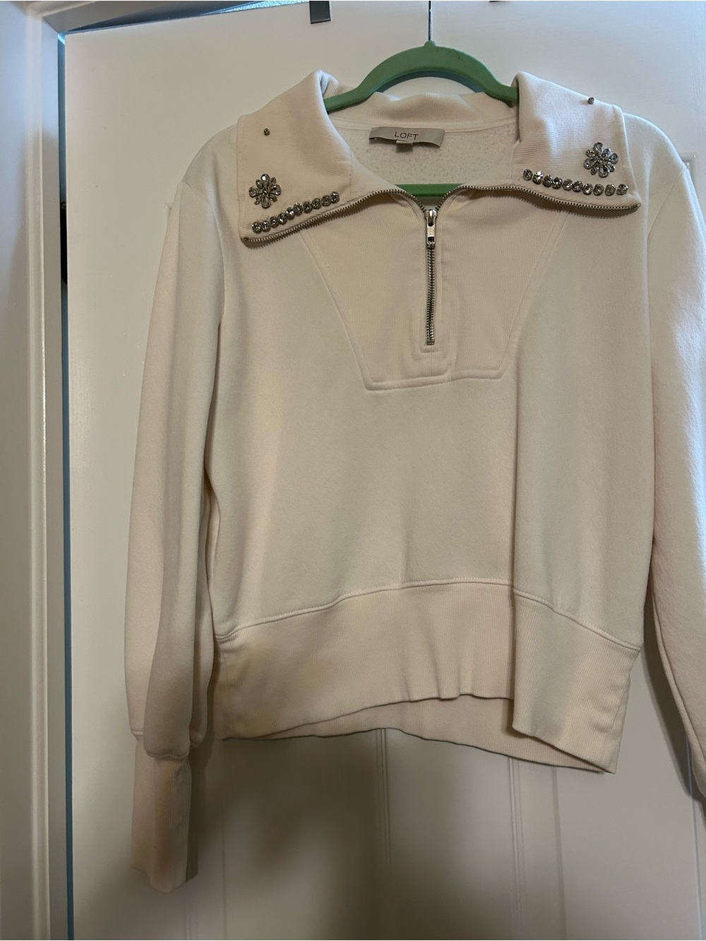 LOFT Cream Embellished Half-Zip Turtleneck Sweater